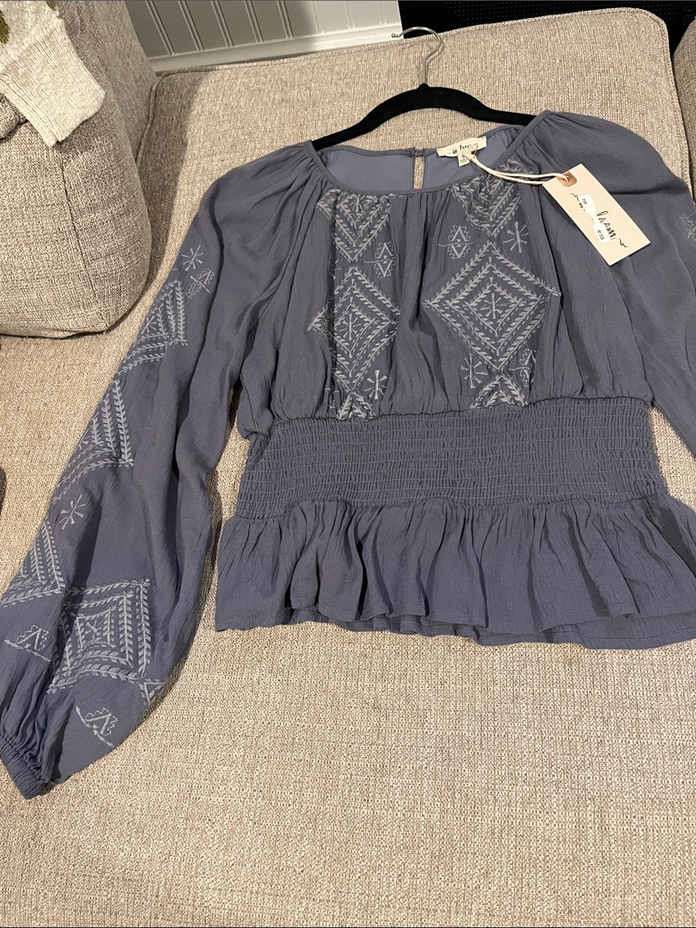 Embroidered Smocked Waist Peasant Blouse - Dusty Blue